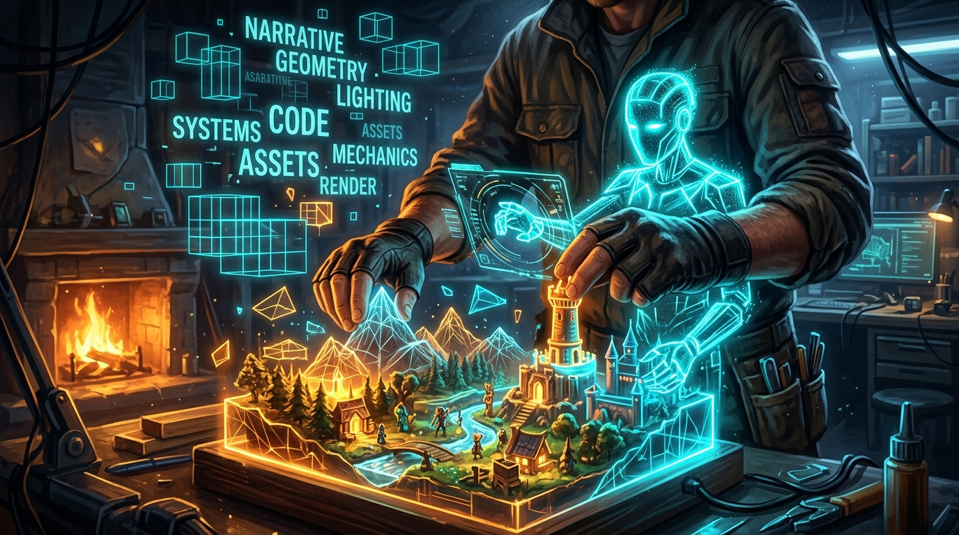 Conceptual artwork: AI as a skilled carpenter collaborating with human hands